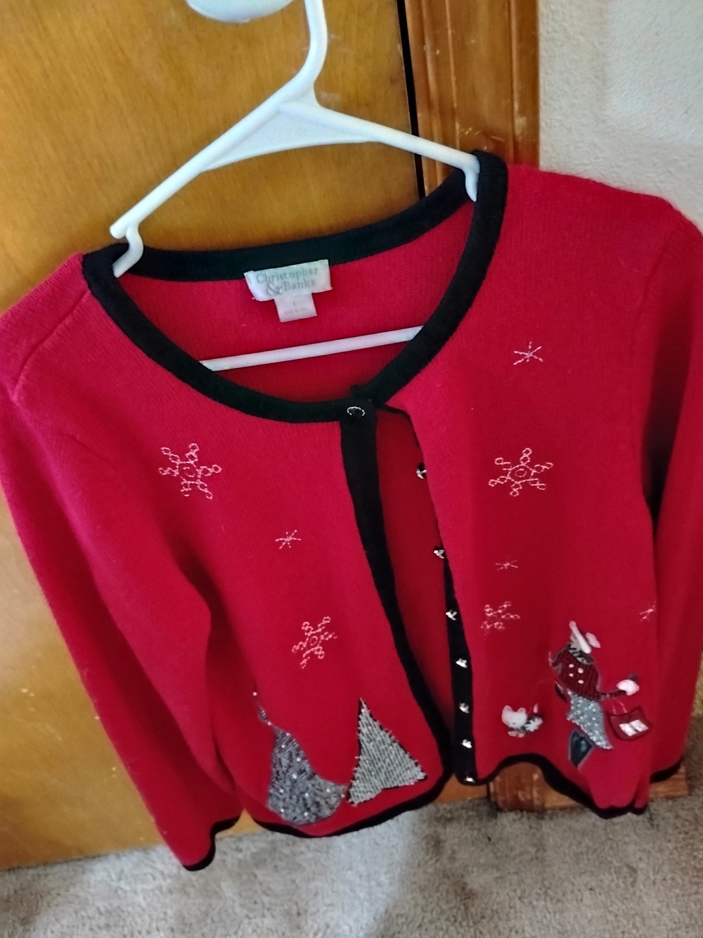 Christopher & Banks Red Cardigan with Black Trim and Snowflake Accents